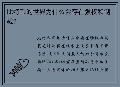 比特币的世界为什么会存在强权和制裁？